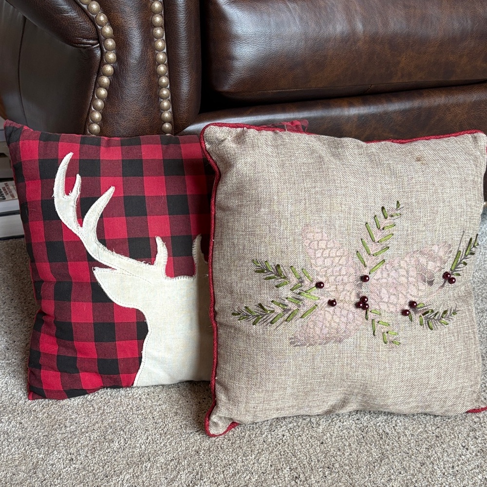 Plaid and Embroidered Holiday Throw Pillows